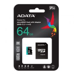 Adata PREMIER PRO MICRO SDXC 64GB + ADAPTER CLASS 10 UHS-I U3 A2 V30 100/80 MB/S