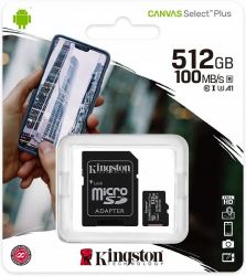 KINGSTON CANVAS SELECT PLUS MICRO SDXC 512GB + ADAPTER CLASS 10 UHS-I U3 A1 V30 (100/85 MB/S)
